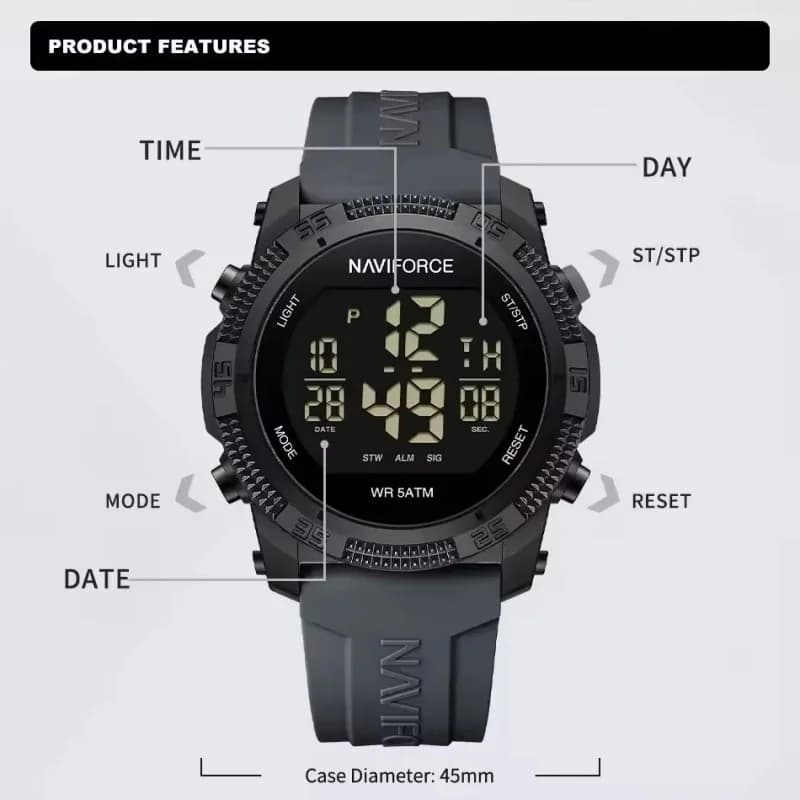 NAVIFORCE 7104 sport hommes LCD numérique loisirs Date semaine réveil étanche bracelet en Silicone m
