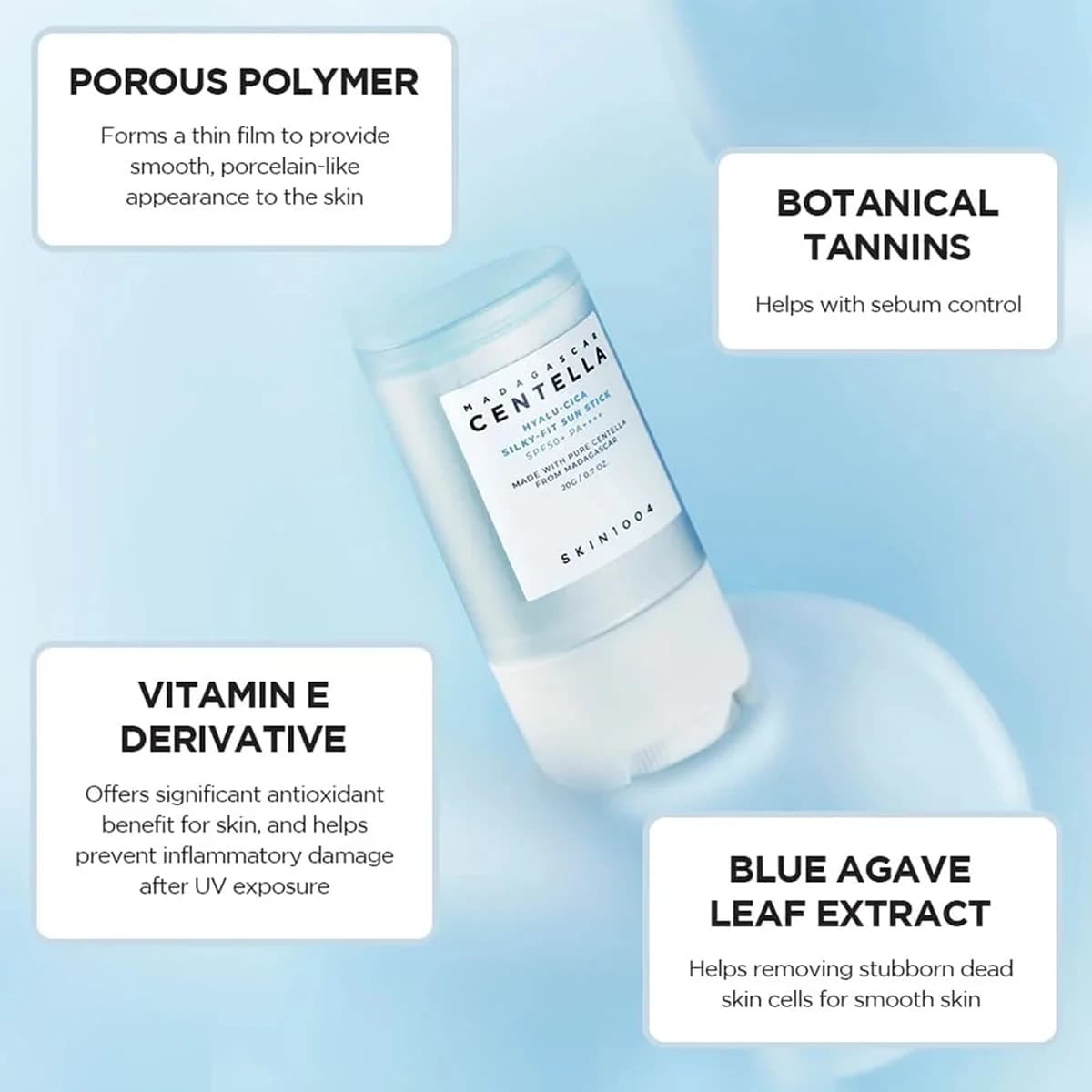 Stick solaire soyeux SKIN1004 Madagascar Centella Hyalu-Cica SPF50+ PA++++, protection solaire toute