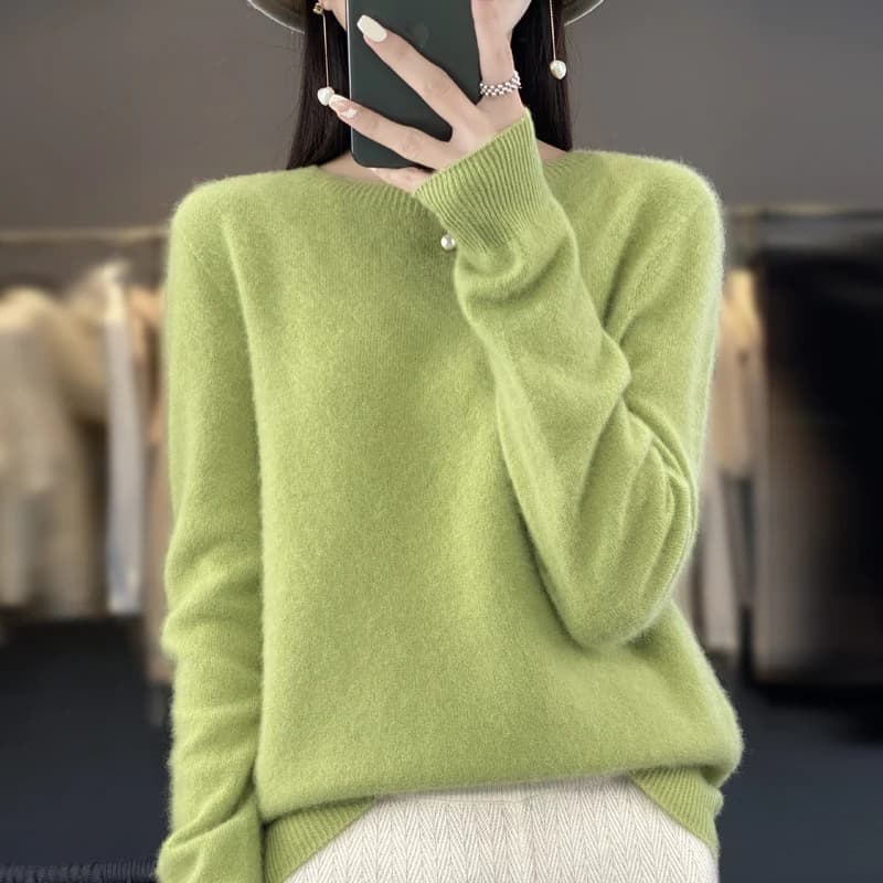 Pull tricoté en laine mérinos Pure pour femme, pull à col rond, sans couture, en cachemire, vêtement