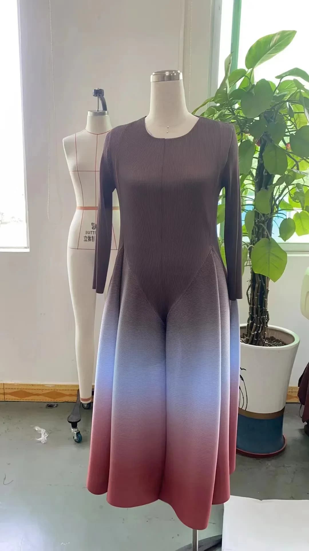 Robe Plissée à Manches sulfpour Femme, Vêtement de Soirée, Dégradé, à Col Ras du Cou, à la Mode, Nou