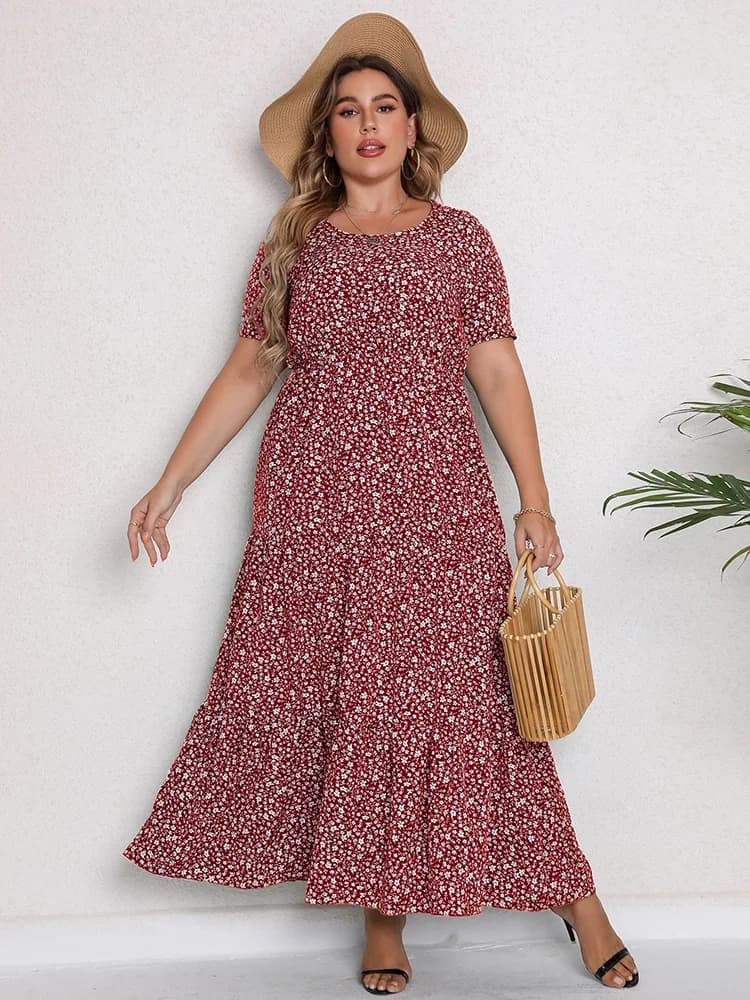 GIBSIE-Robe longue à volants pour femmes, grande taille, col rond, ourlet à fleurs, manches courtes,