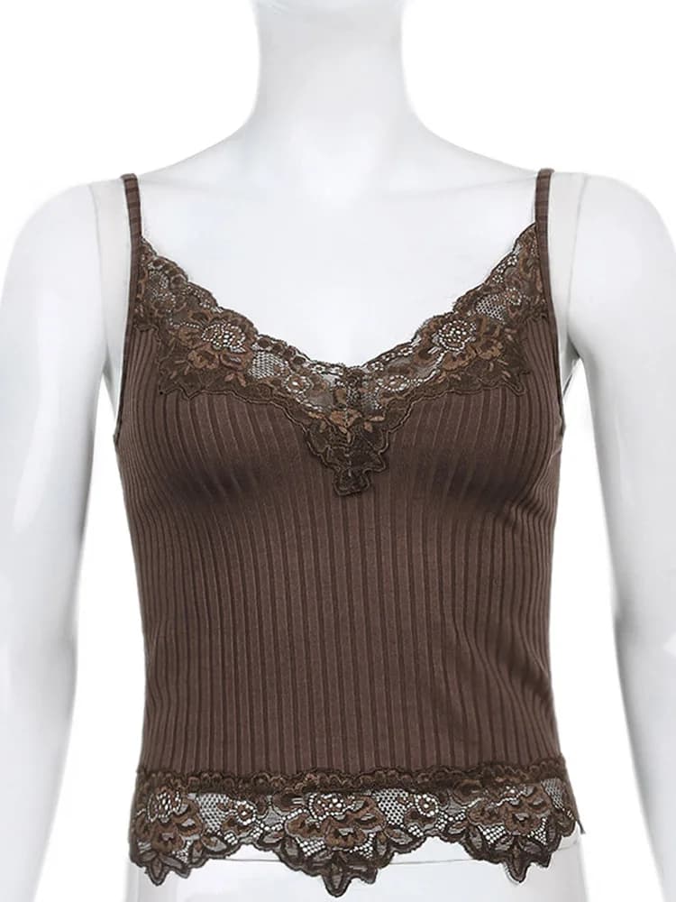 Goth – débardeur en dentelle pour femmes, esthétique, Patchwork, Sexy, col en v, marron, rétro, haut