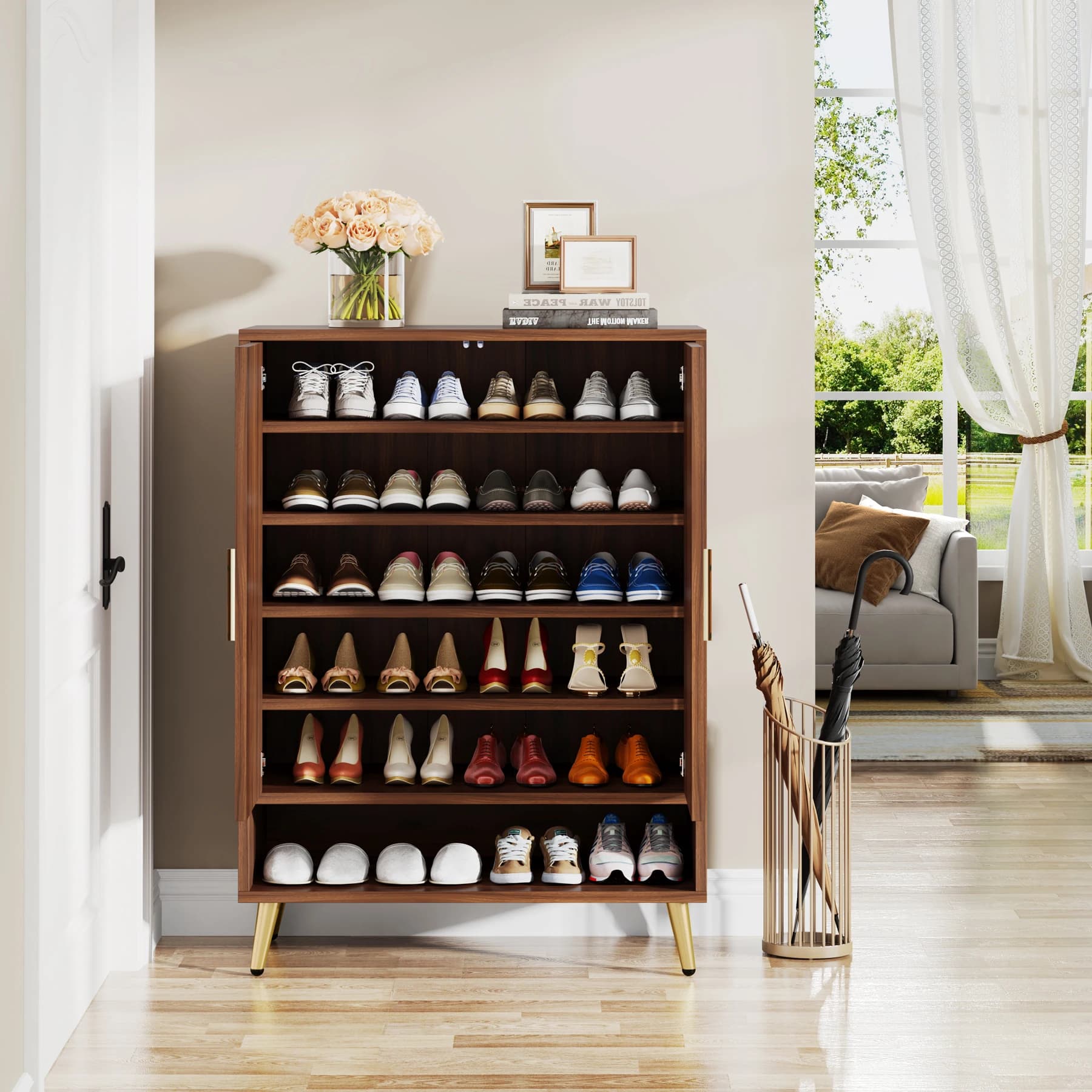 Tribesigns-Meuble à chaussures à 6 niveaux avec portes, armoire de rangement pour chaussures en bois