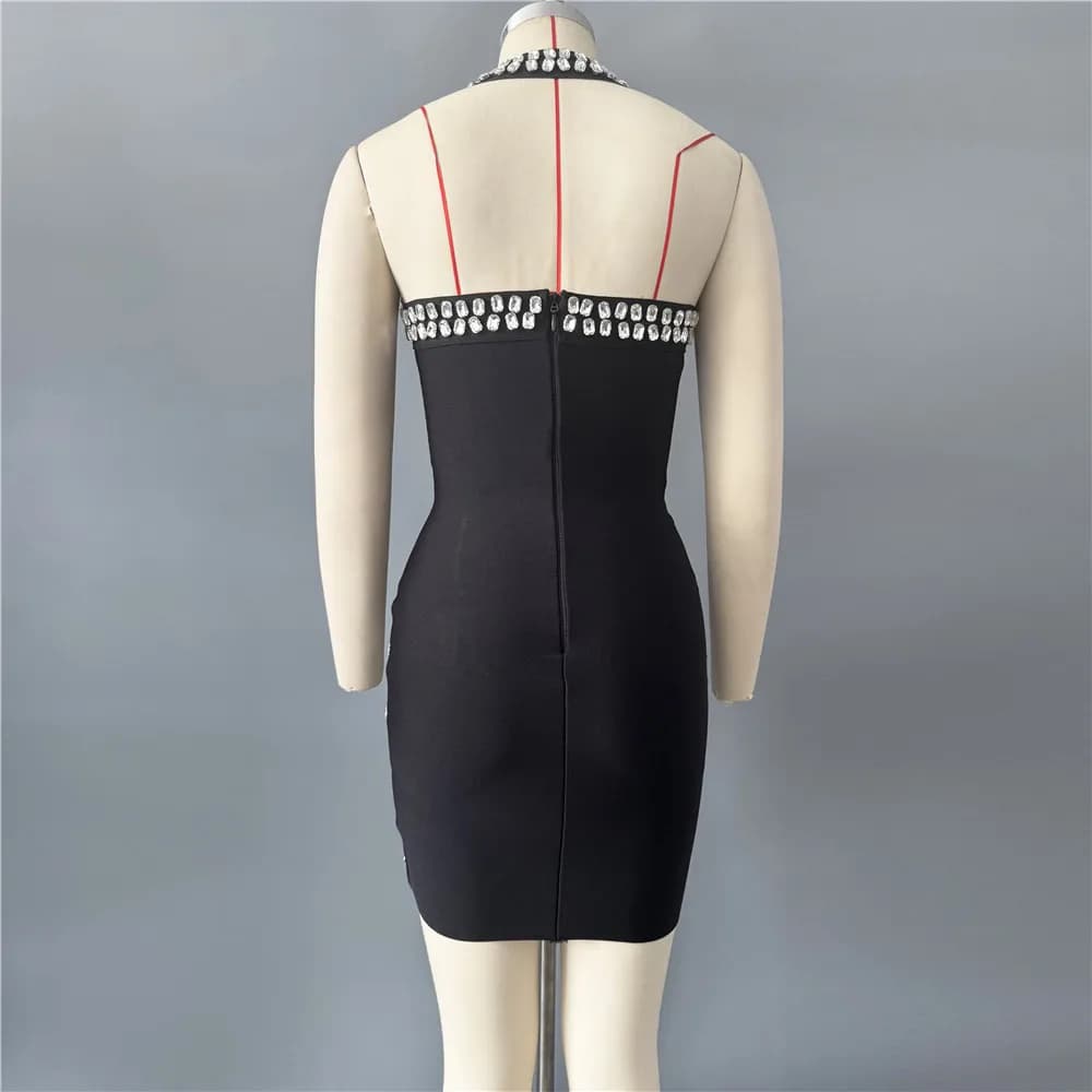 Robe de soirée mini pour femme, style halter, ornée de strass et de diamants, idéale pour les clubs 