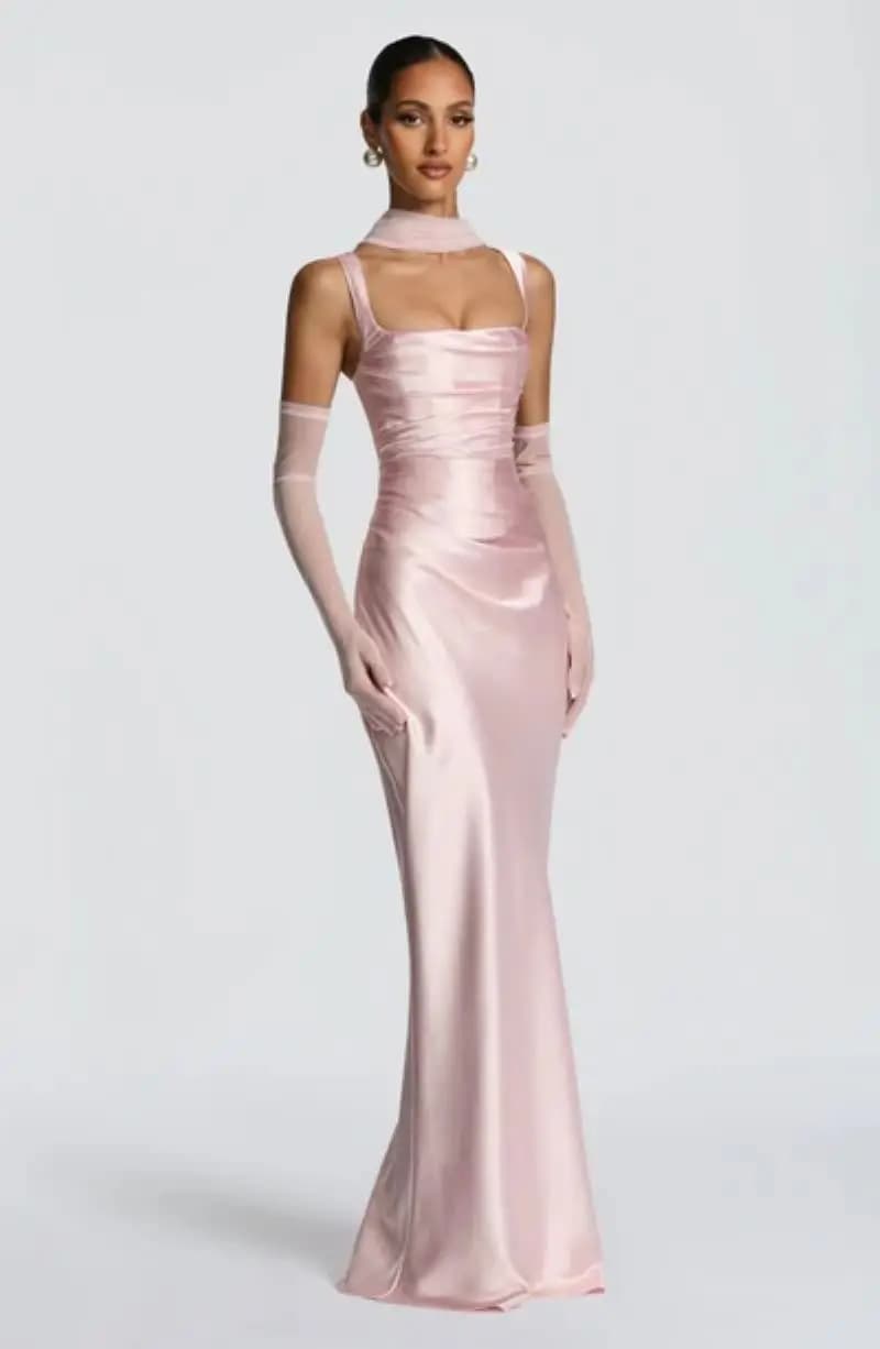 Robe longue en Satin sans bretelles, élégante, Corset vert, dos nu, rose, soirée, anniversaire, mari