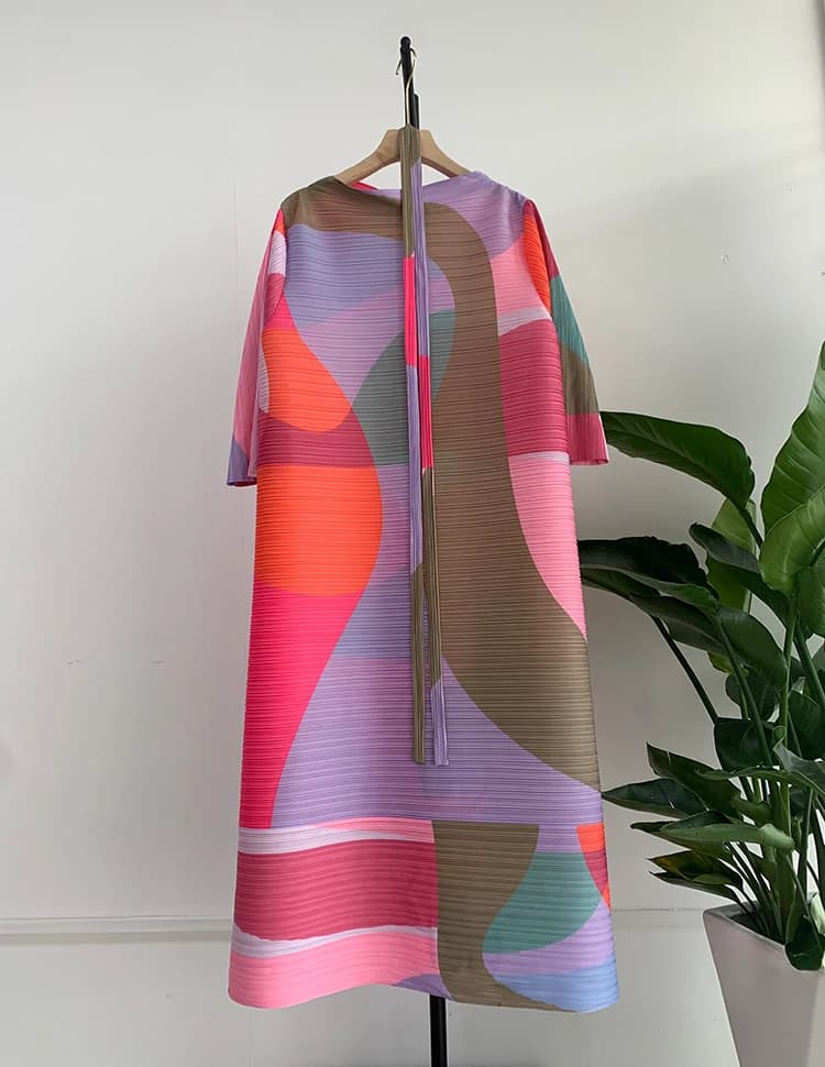 Robe plissée à motif géométrique pour femme, avec ceinture et ceinture, surdimensionnée, longue, dou