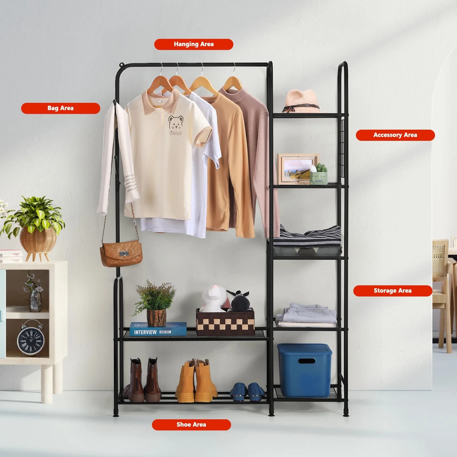 Vêtements autoportants T1 avec étagères, porte-vêtements pour confronterVêtements avec chaussure T1 
