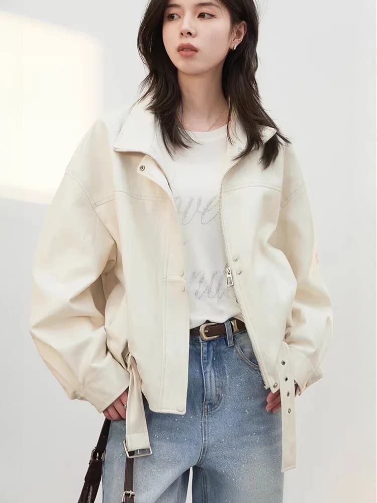 CHIC VEN Nouvelle Veste Courte Femme en PU Style Motard Coupe Ample Col Montant Unie Coupe-Vent Prin