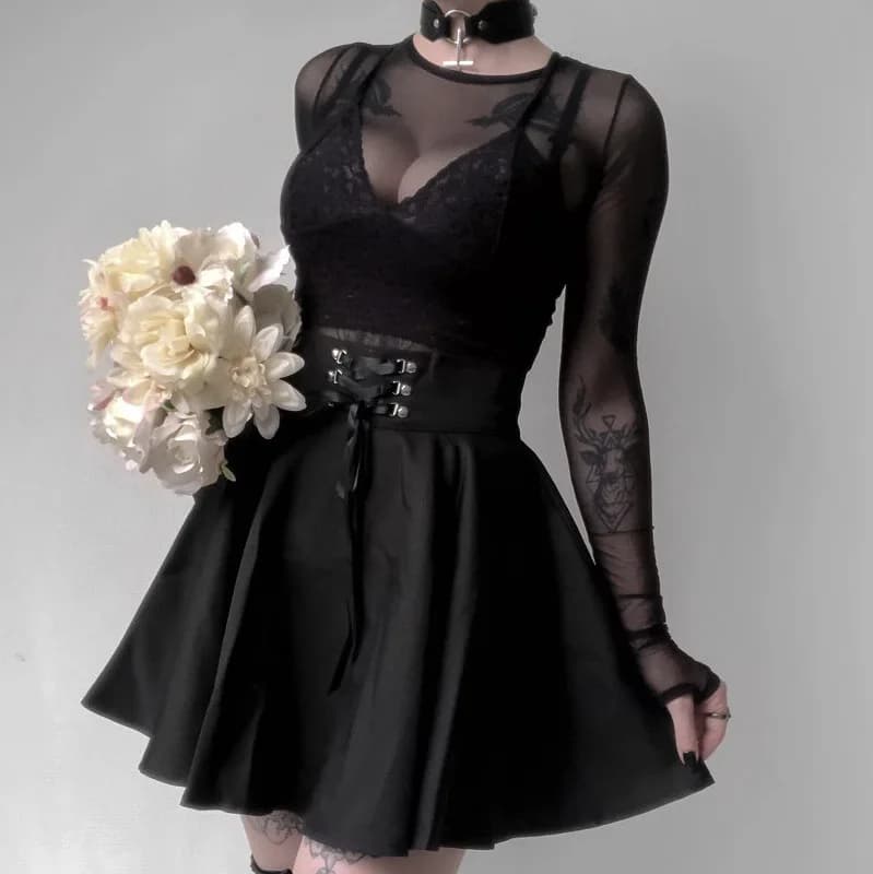 Jupe gothique noire pour femme, style japonais, hipster noir, bulle JK, lacets, fermeture éclair au 