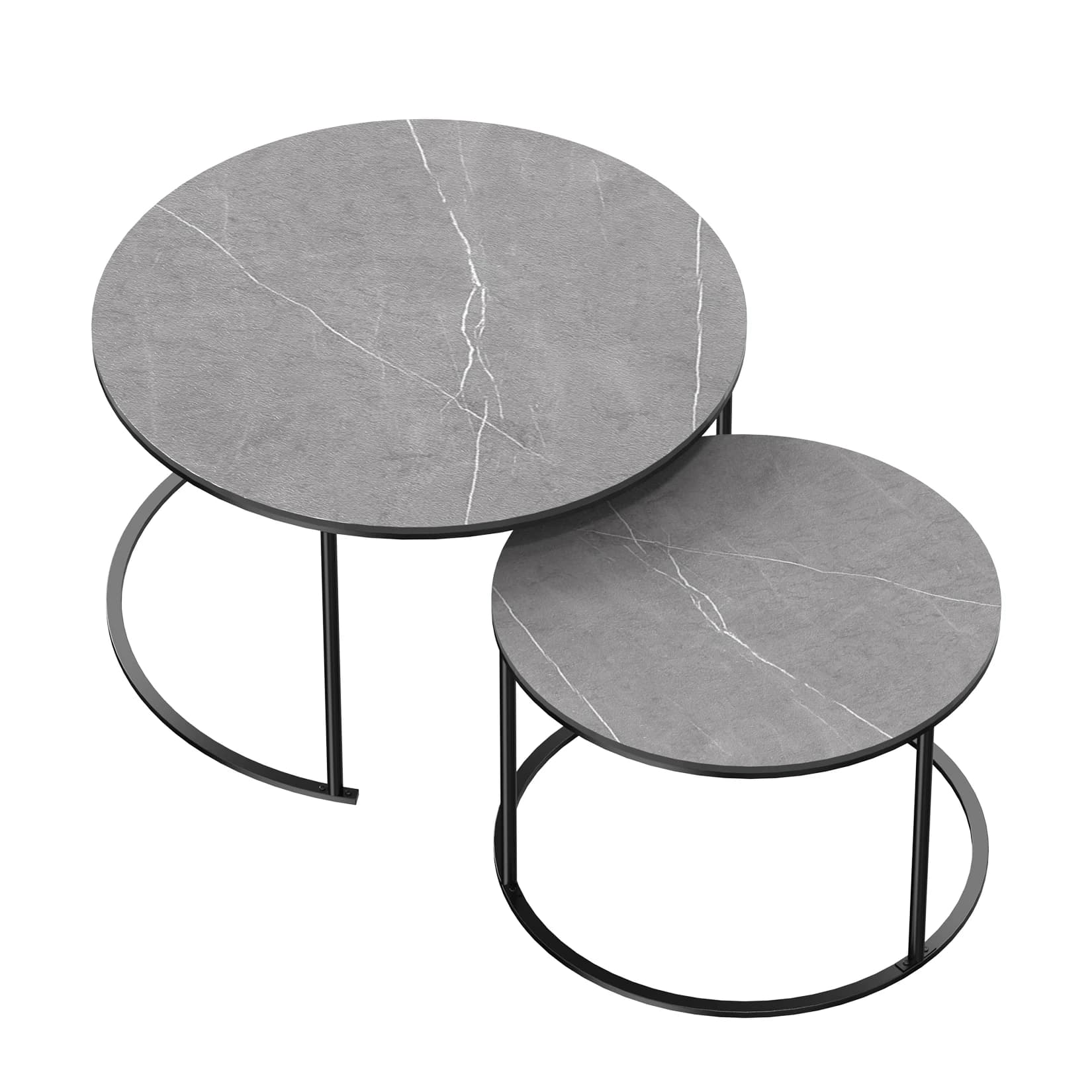 Ensemble de table basse en marbre gris rond nidification moderne, table en pierre frittée, pieds en 