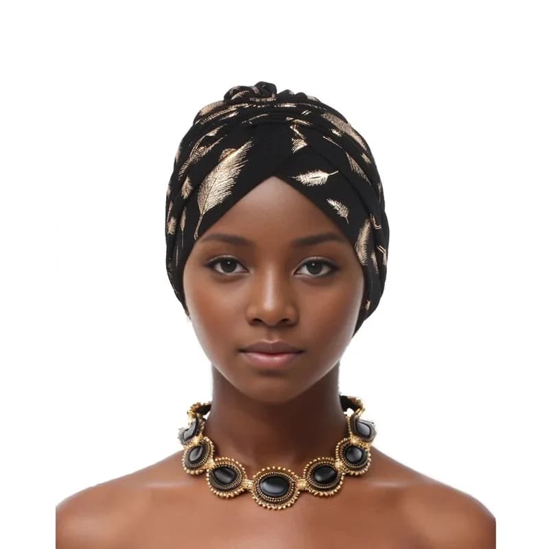 Turban Africain à Plumes Dorées pour Femme, Bonnet à Tête Ronde à Volants, Écharpe de Sauna Musulman