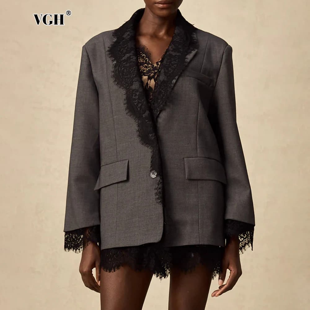 VGH-Blazer Chic en Dentelle Épissée pour Femme, Col Cranté, Manches sulf, Style de Vêtement Féminin