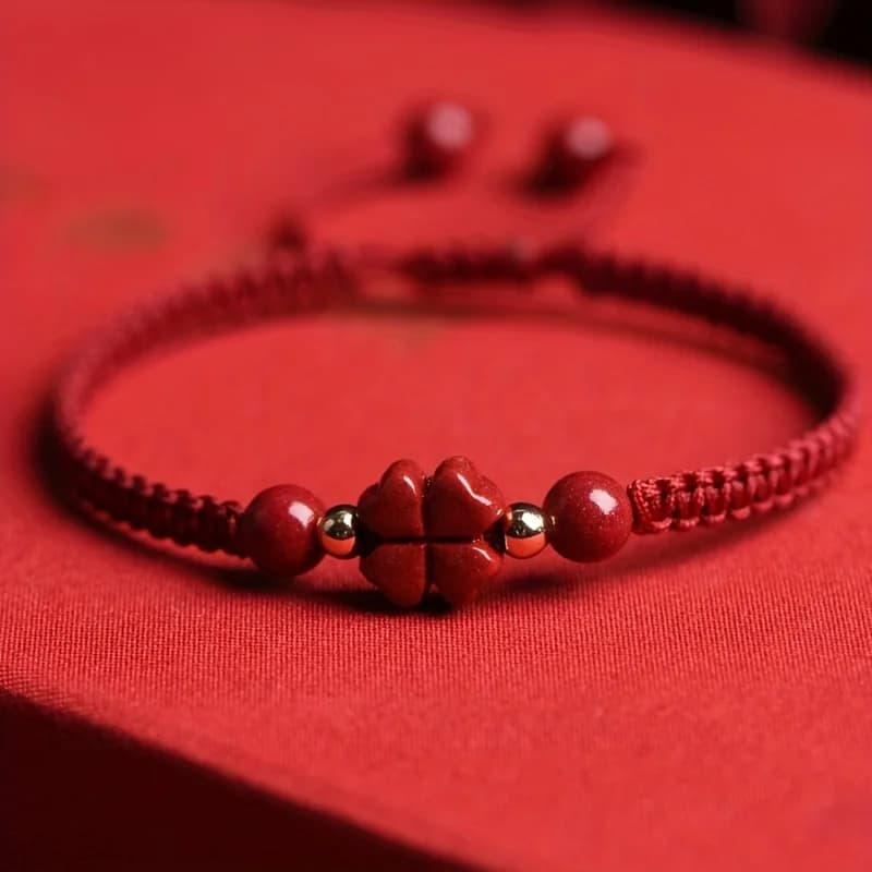 Bracelet tressé en cordon rouge porte-bonheur – Breloque de paix et de bonheur en trèfle à quatre fe