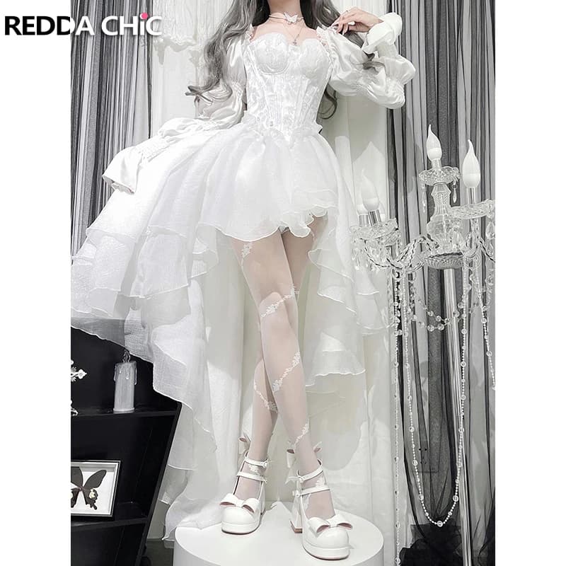 REDDACHiC Robe de soirée princesse pour femmes, broderie florale blanche, manches bouffantes, dos nu