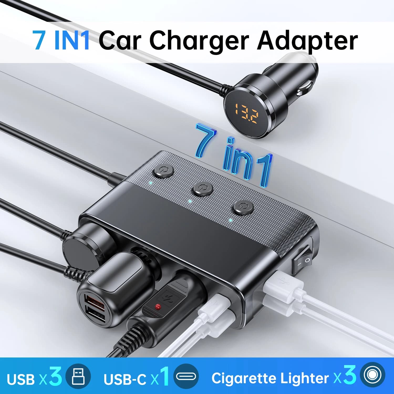 Répartiteur de chargeur de voiture 7 en 1, 127w PD30w QC3.0 adaptateur allume-cigare de voiture avec