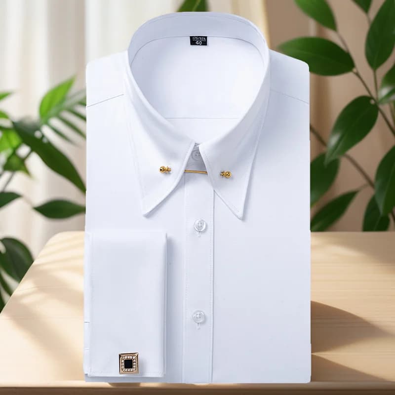 Boutons de manchette français brodés pour hommes, chemise à manches longues avec épingles à col, che