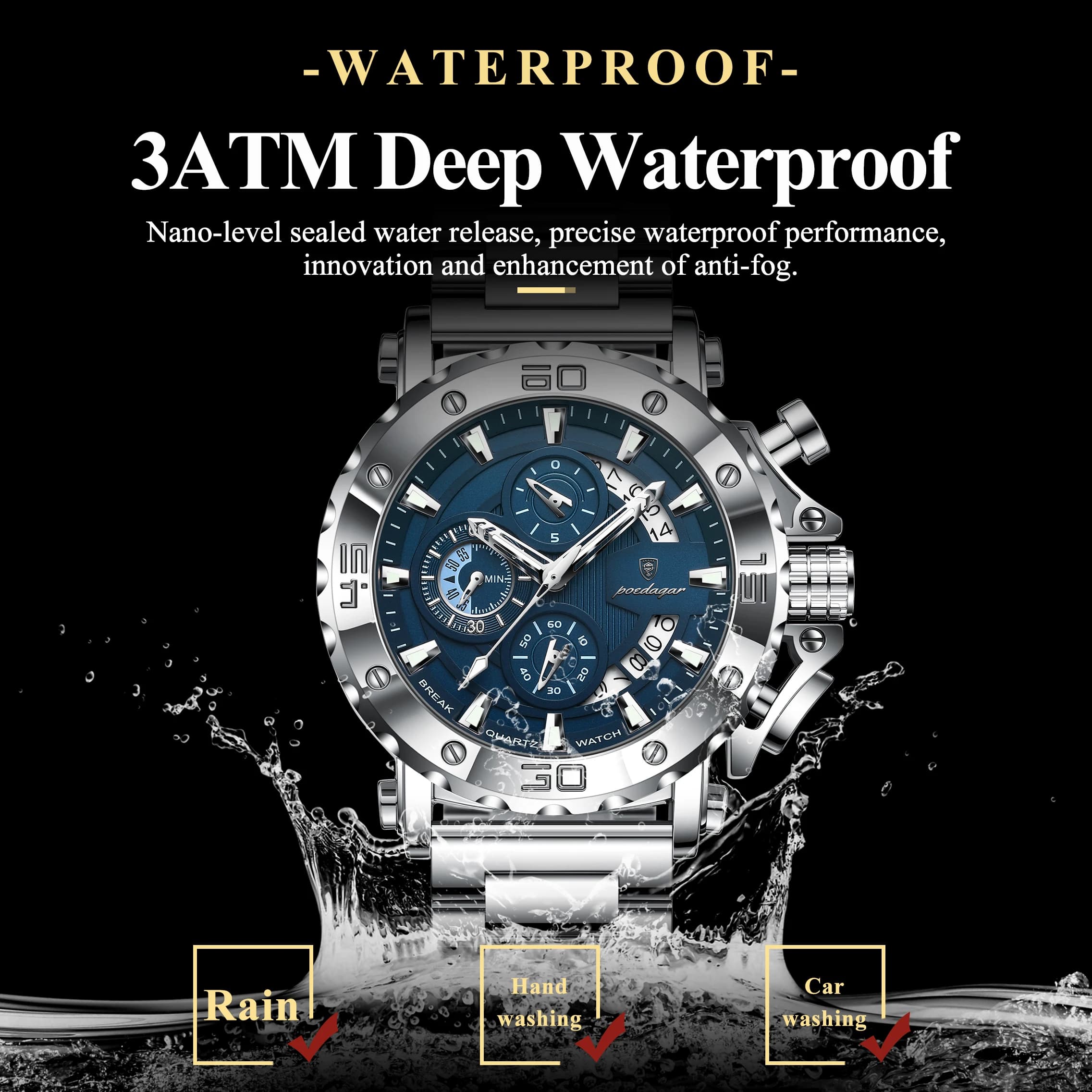 POEDAGAR montre pour hommes de luxe calendrier lumineux étanche homme horloge chronographe en acier 