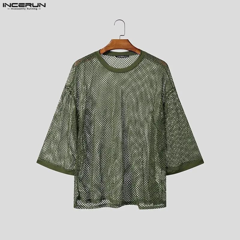 INCERUN T-shirt Homme Uni en Maille Transparente Sexy Oversize Vêtements Streetwear 2026 Manches 3/4