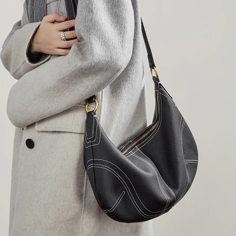 HIFASHION Sacs à bandoulière demi-lune en cuir de vachette véritable pour femmes, tendance 2026, sac