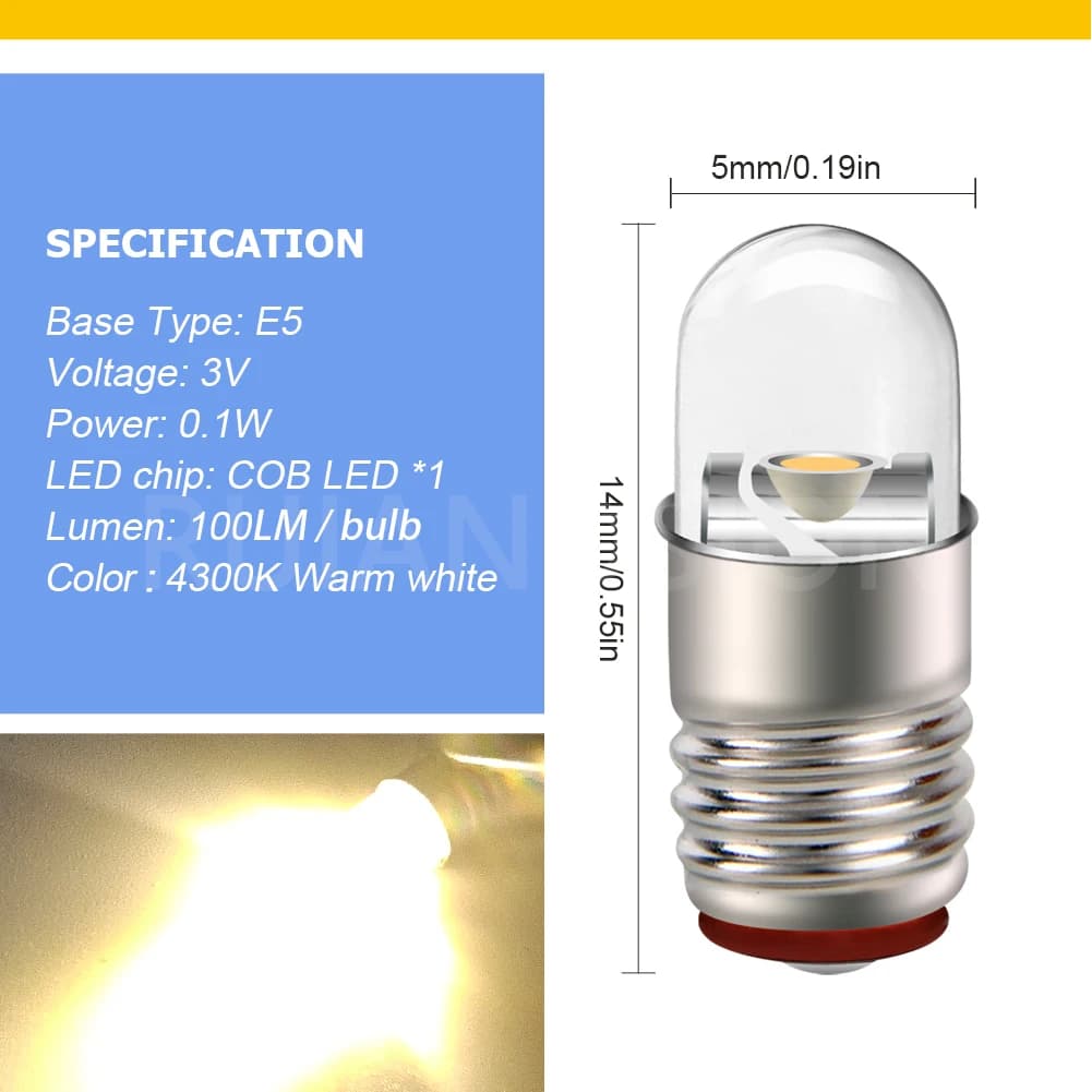 RUIAND31610-Ampoule LED à vis E5, 3V 6V 12V 24V, blanc chaud, blanc froid, 60Lm, étanche, 4.5mm, éco