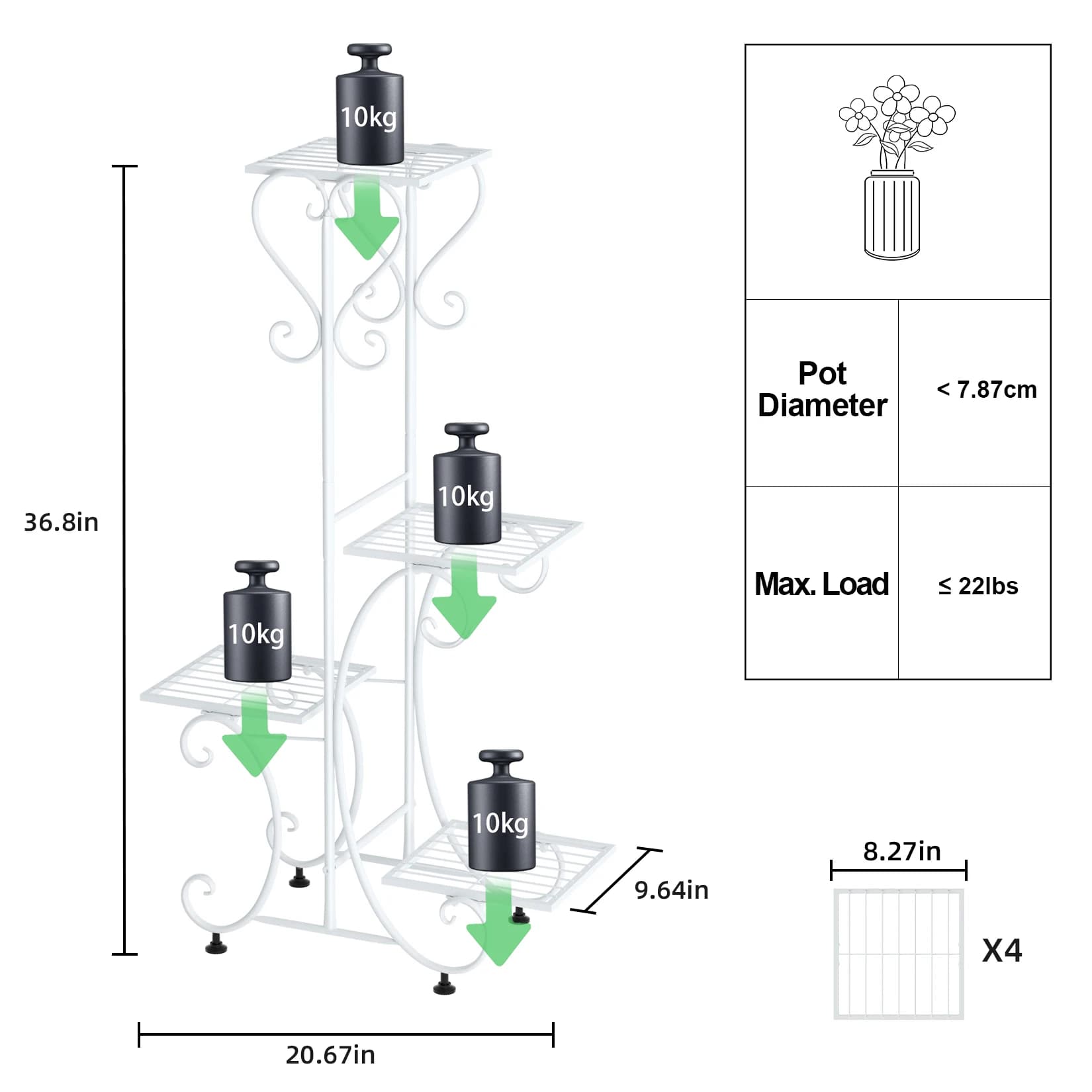 Support de plante en métal à 4 niveaux pour jardin intérieur et extérieur, présentoir de pot de fleu