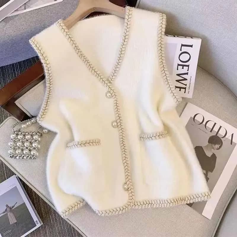 Xiaoxiangfeng-Pull en velours à col en V pour femme, nouvelle veste en Y, col en V avec émail vison,
