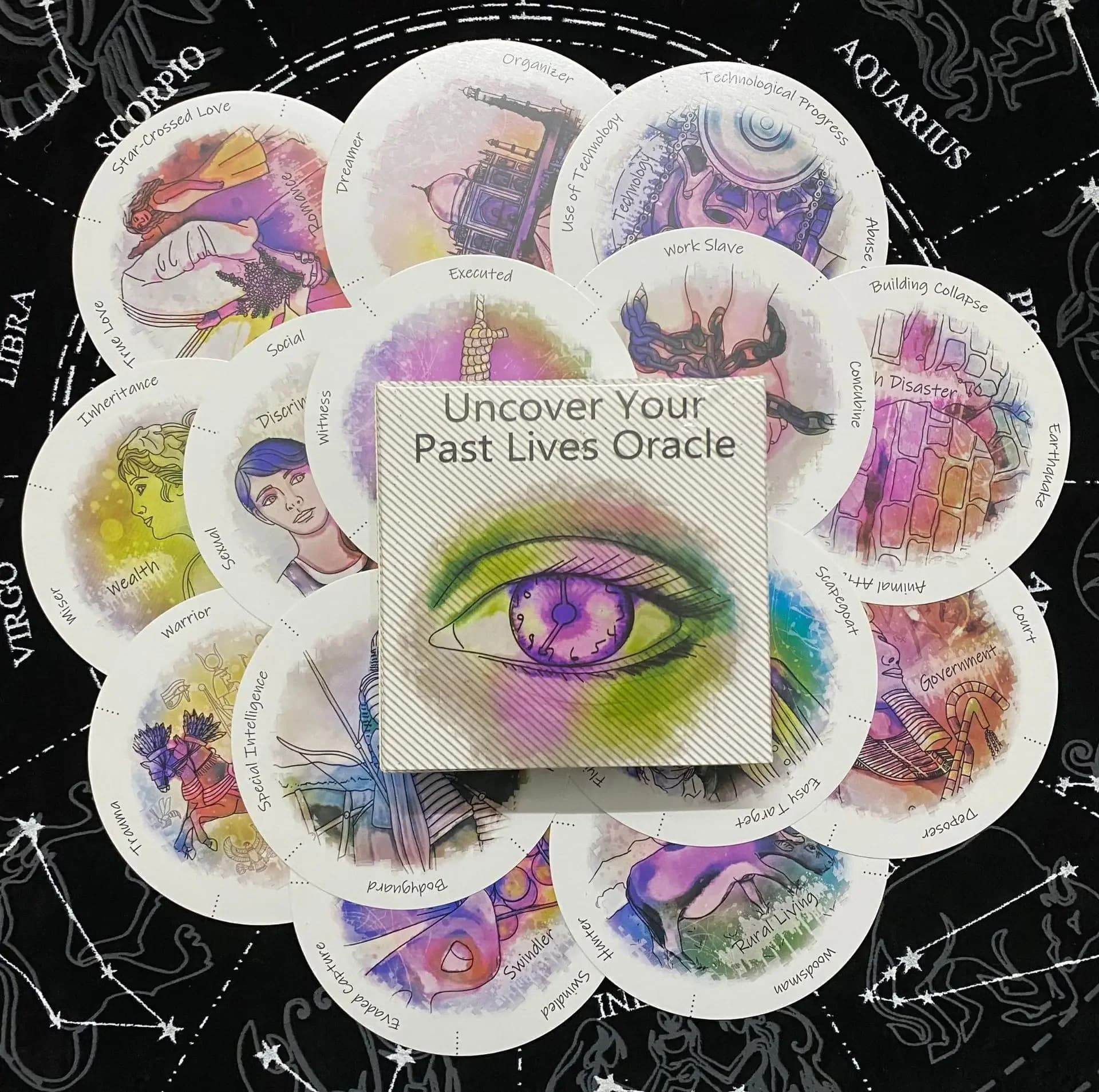 Jeu de tarot oracle Uncover Your Past Life, 87 cartes rondes avec guide PDF