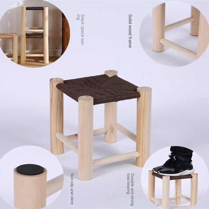 Tabouret à langer en bois tissé, tabouret en pin tissé à la main, en bois massif, antidérapant, pour