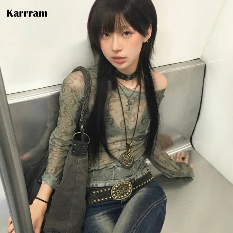 Haut court transparent en maille grunge, t-shirt Y2K transparent, mode coréenne, esthétique Y2k, Har