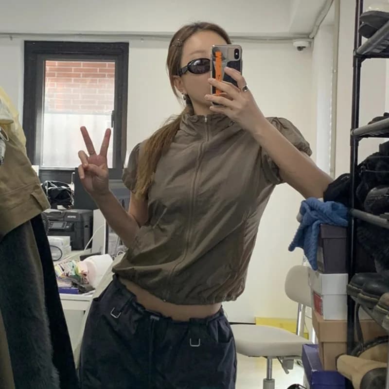 Karr233-T-shirt Cargo Japonais Y2k, Veste Fine à Manches Courtes avec Fermeture Éclair, Protection S
