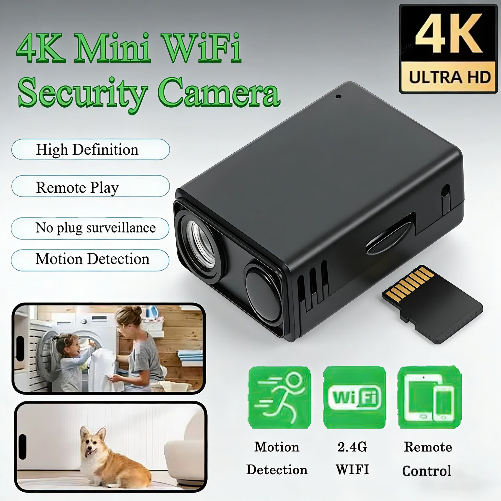 Caméra de sécurité 4K WiFi sans fil avec détection de mouvement à distance, surveillance intérieure,