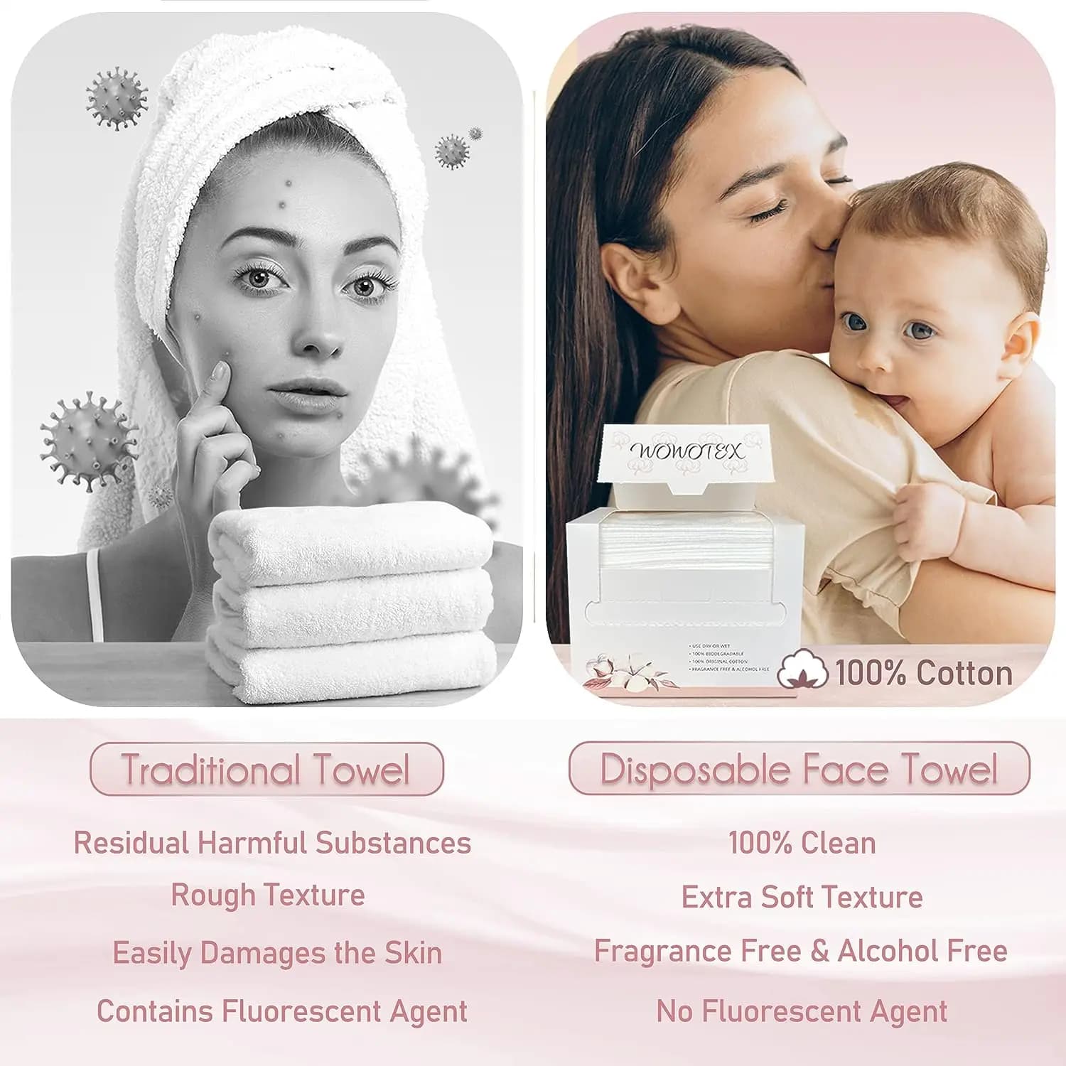Serviette pour le visage jetable 100% coton, lingettes sèches biodégradables, 50 unités/boîte, servi