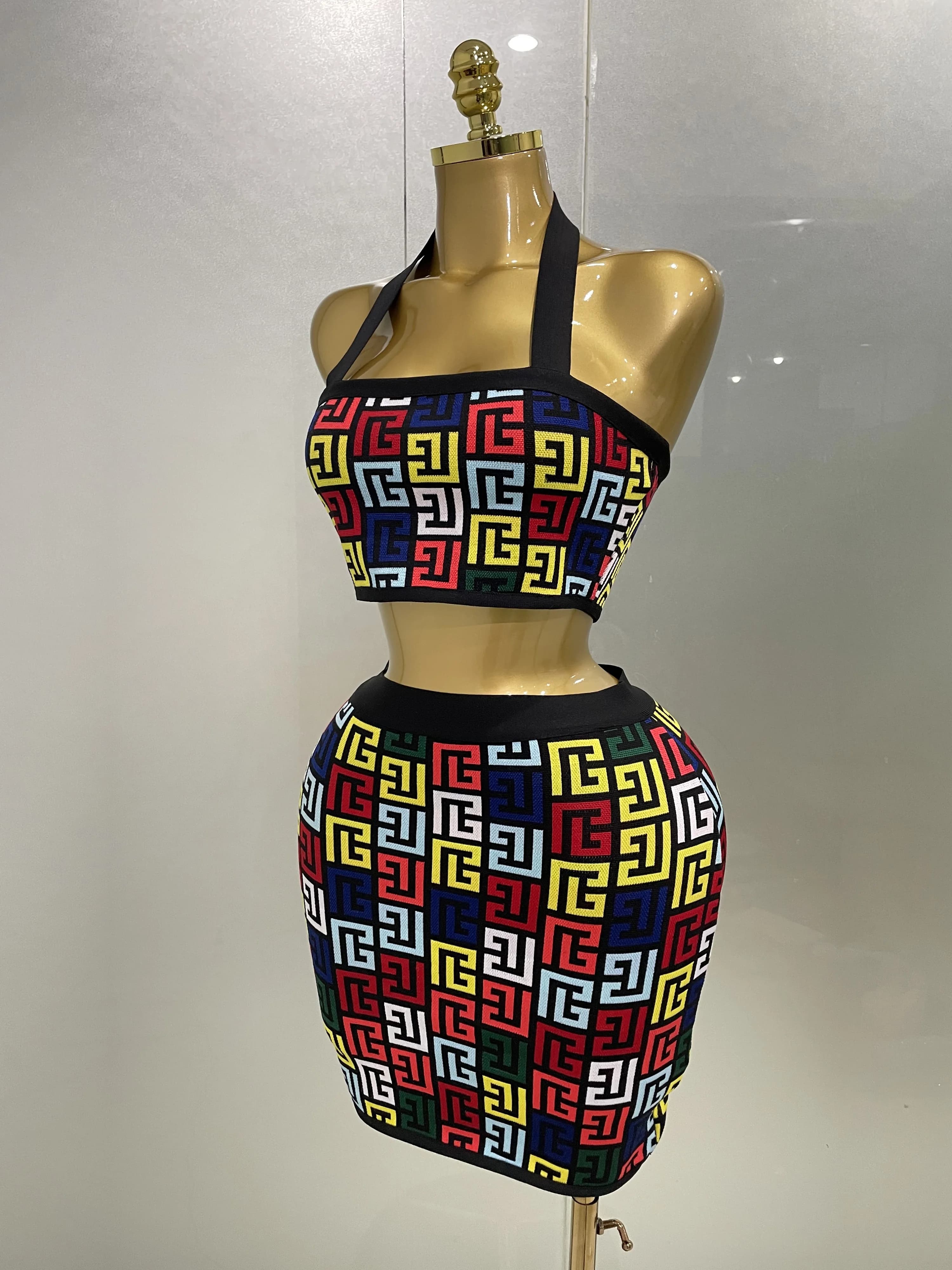 Femmes 2025 nouveau Sexy dos nu licou Jacquard deux pièces Mini jupe ensemble de bandes célébrité co