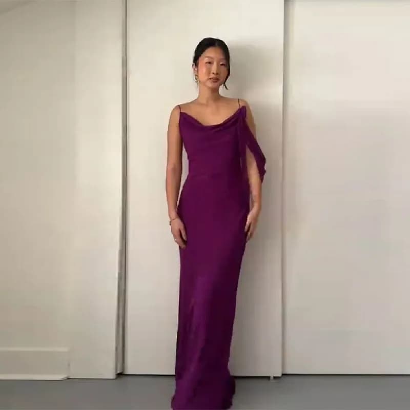 Robe longue en mousseline violette pour femme, collection été 2026, avec bretelles spaghetti, col dr
