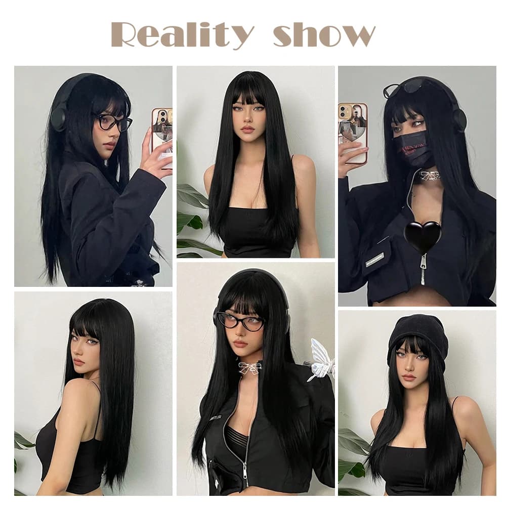 EASIHAIR – perruques synthétiques longues et lisses avec frange, perruques noires de fête Cosplay Lo