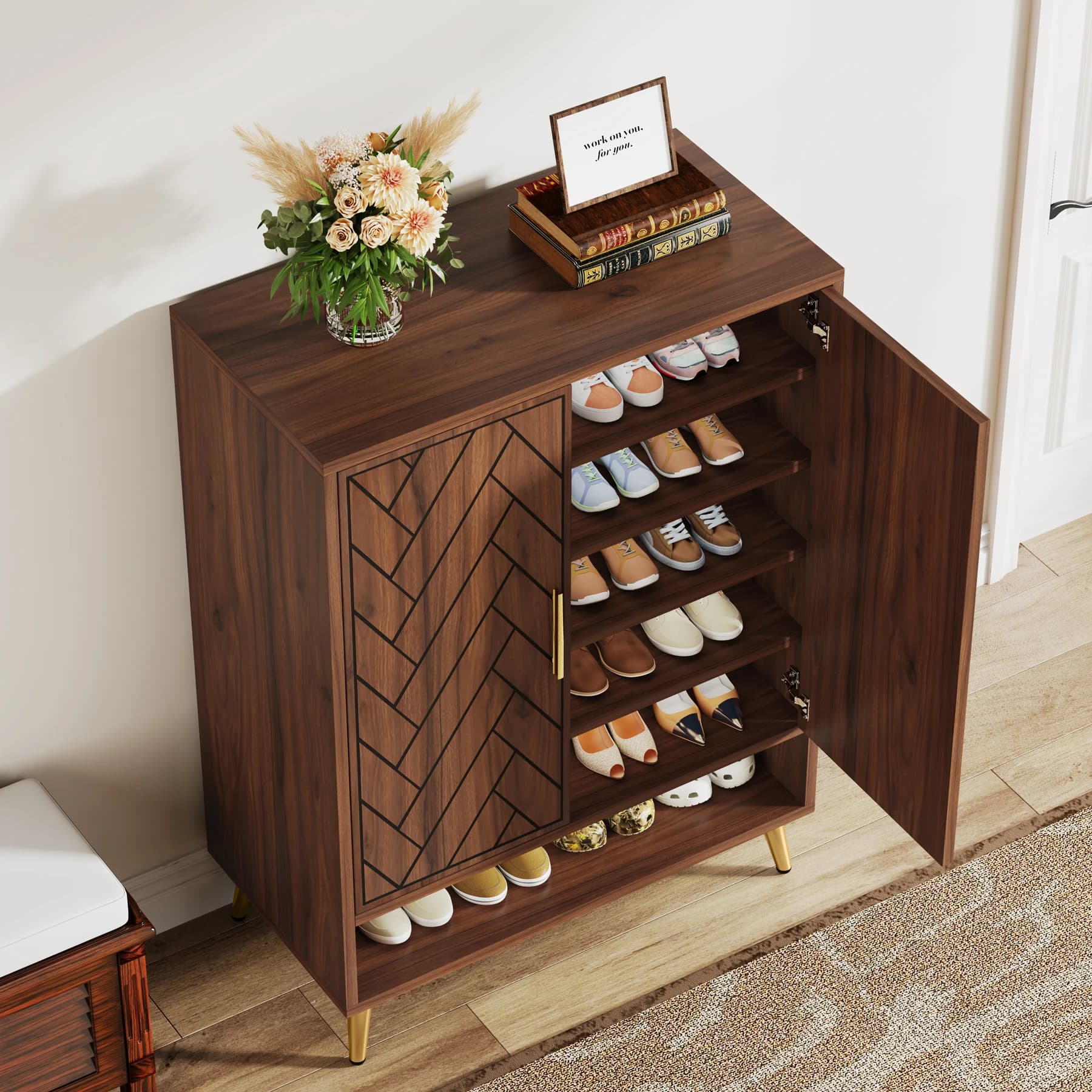 Tribesigns-Meuble à chaussures à 6 niveaux avec portes, armoire de rangement pour chaussures en bois