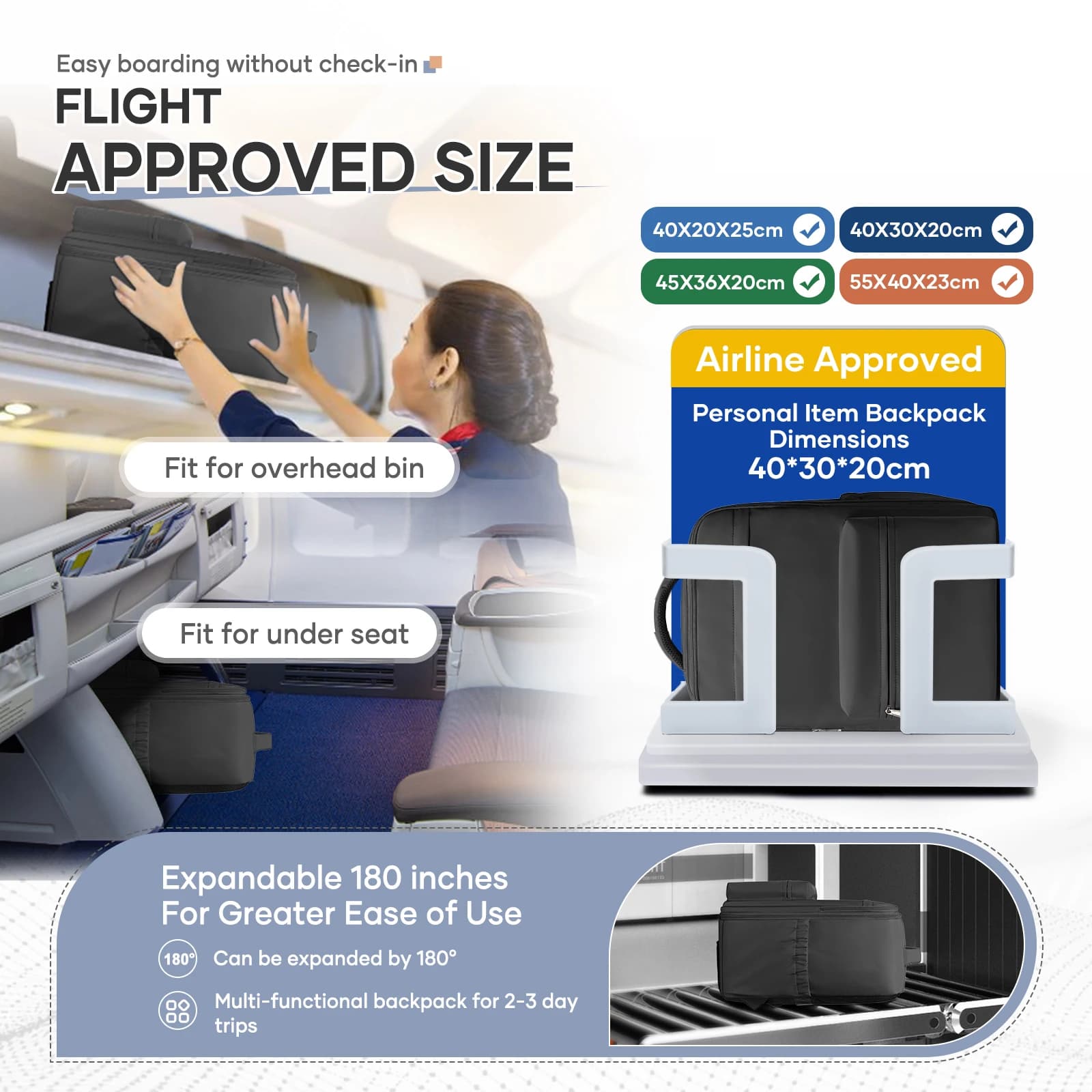 Compression sous vide pour sac à dos avec pompe manuelle, sac à dos de voyage approuvé Ryanair 40x30