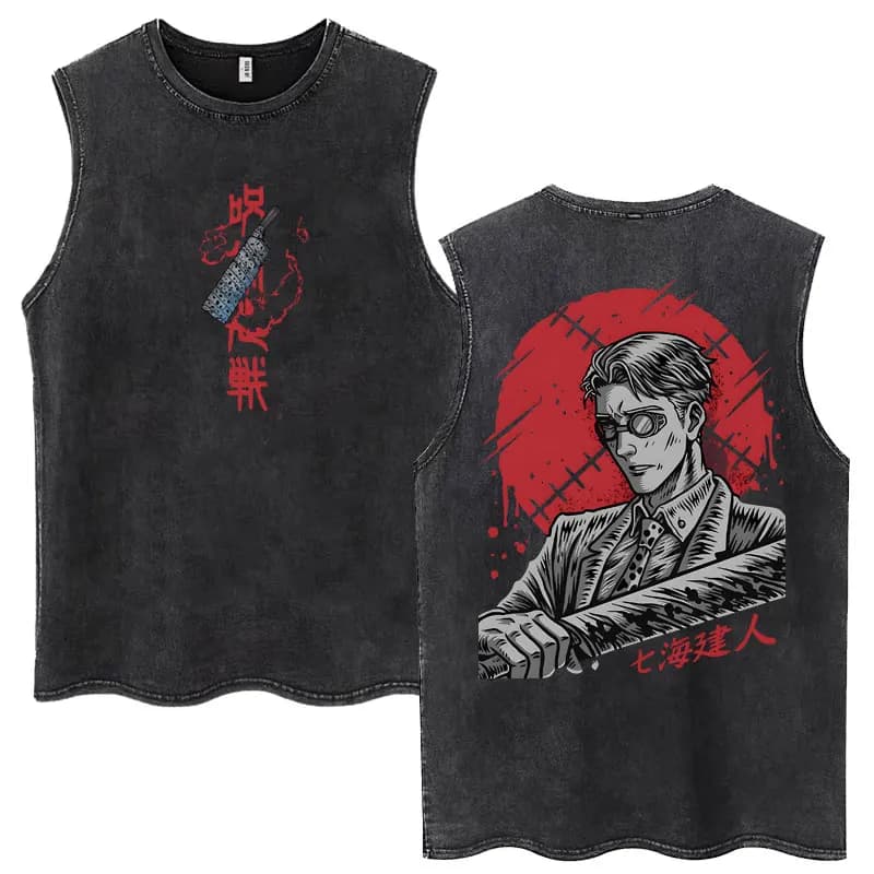 Anime Jujutsu Kaisen Satoru Gojo Vintage lavage débardeurs hommes femmes classique Manga coton T-Shi
