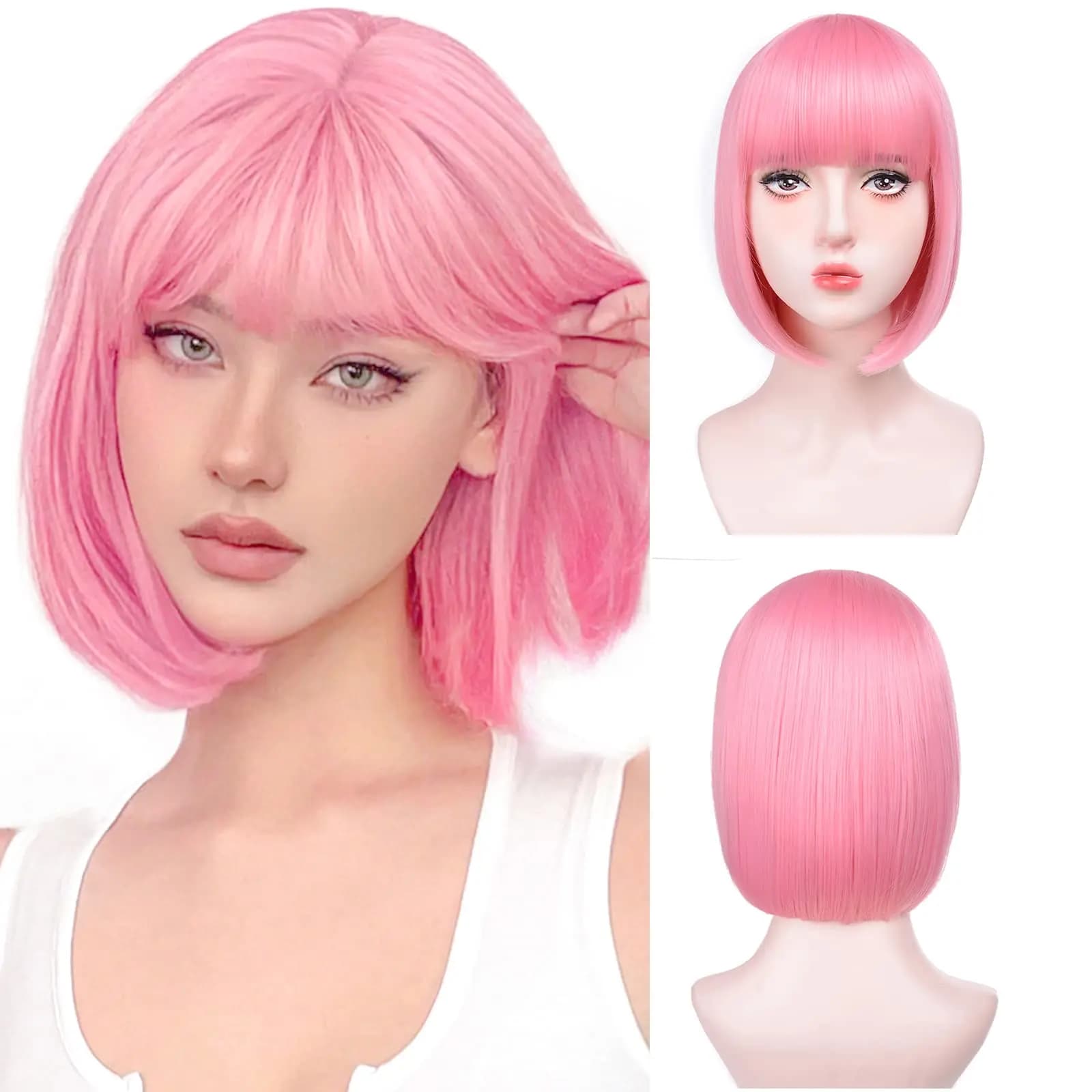 Perruque synthétique Bob rose cheveux courts et raides avec frange multicolore Halloween cosplay usa