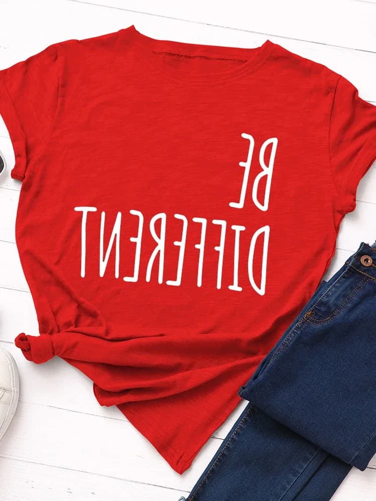 T-shirt manches courtes col rond femme, décontracté, avec lettres imprimées à l'envers, Be Different