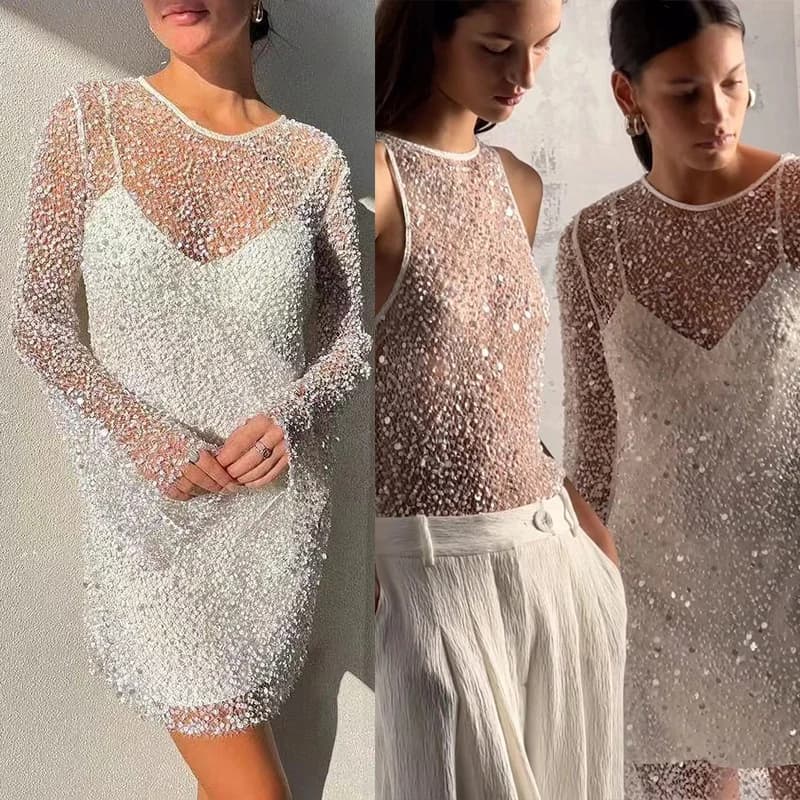 Femmes élégant épissage solide polyvalent robe Chic col rond paillettes robe creuse mode jarretelle 