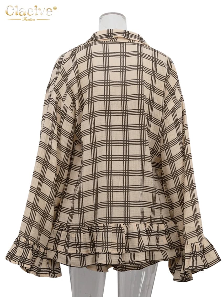 ClacMarkets-Ensemble 2 pièces en coton à carreaux pour femme, chemise élégante à manches longues, ha