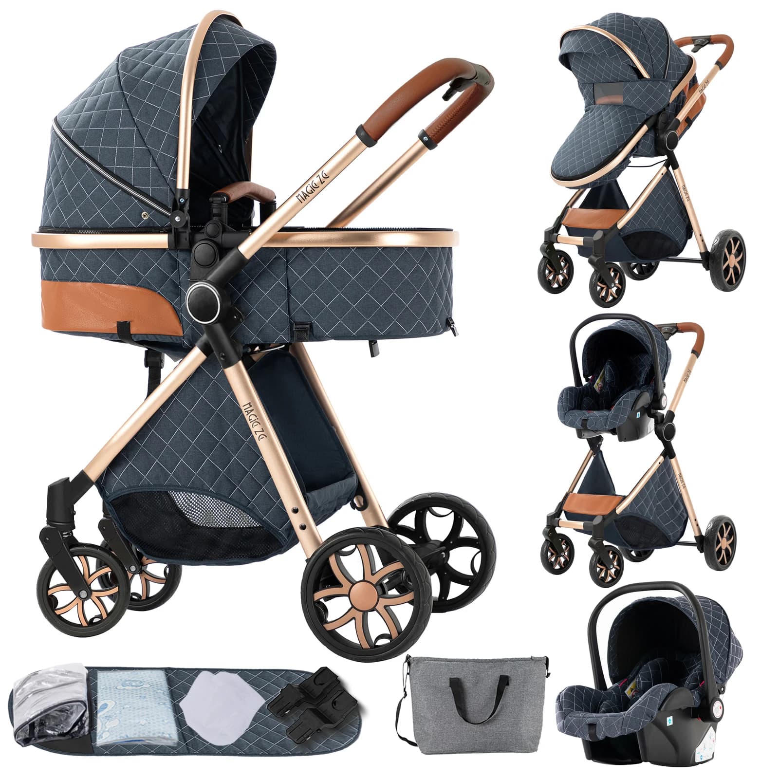 Landau pliable ultraléger de naissance, ensemble de voyage léger 3 en 1 pour poussette pour bébé, Bu