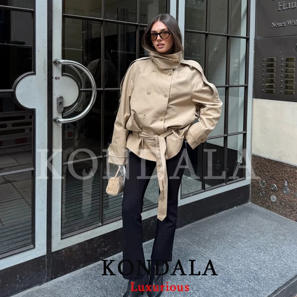 KONDALA Manteau Trench Chic Vintage pour Femme, Kaki Uni, Col Montant, Double Boutonnage, Ceinture à