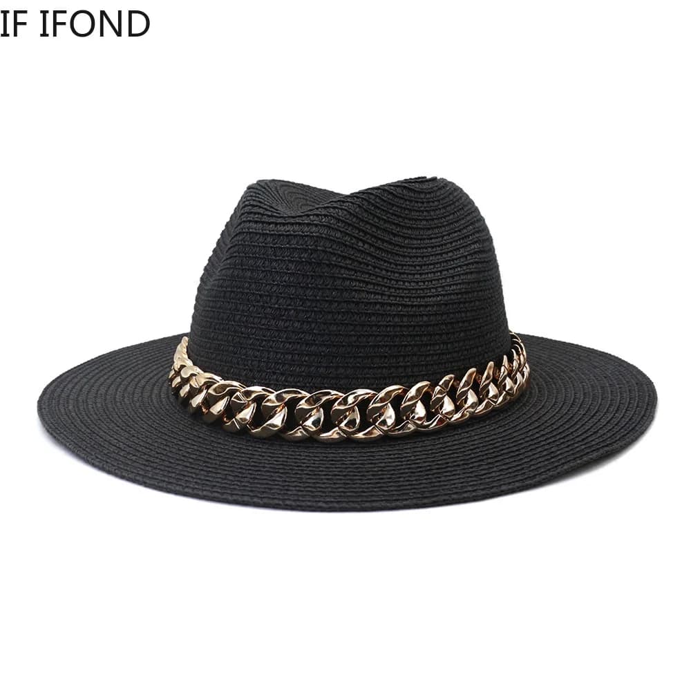 Chapeaux de paille pour femmes, chaîne en or, ceinture, Panama, pour la plage, respirants, élégants,