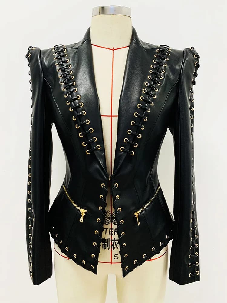 Veste de créateur tendance de haute qualité 2026, veste en cuir ajustée à lacets pour femmes