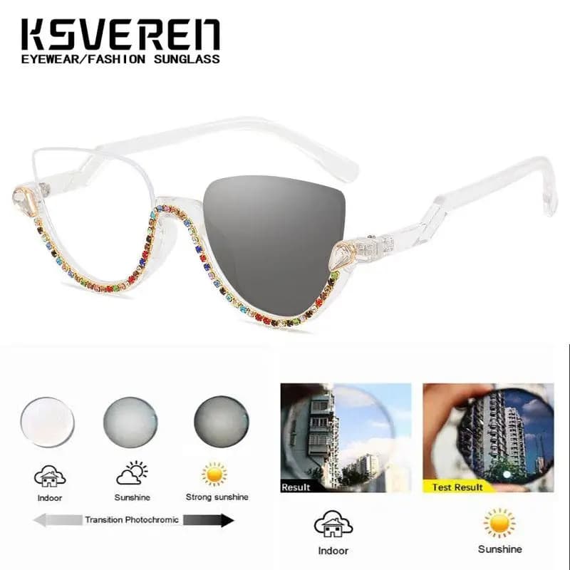 Lunettes de myopie photochromiques œil de chat en strass pour femmes, verres de Prescription finis, 