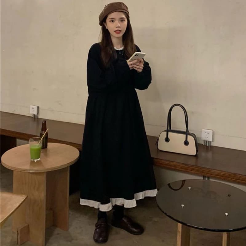 Robe mi-longue à manches longues pour femmes, robe à volants doux, jeune université, tempérament chi