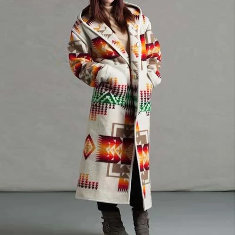 Femmes Mode Ethnique Style Boho Imprimé À Capuche Long Manteau adt Outwear Match Couleurs Plus La Ta
