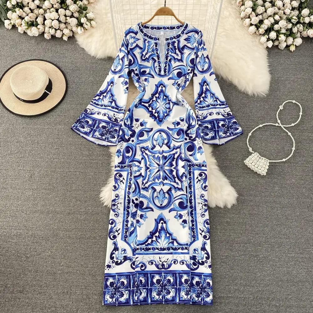 L'été Piste Bleu Et Blanc Porcelaine Lâche Longue Robe Femmes O-cou Manches Évasées Floral Inmprimé 